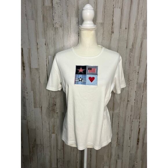 Talbots Women's Short Sleeve Tee White USA Crew Neck Patchwork Size Large - Picture 1 of 5